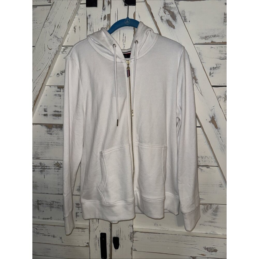 NWT Womens Tommy Hilfiger Full Zip Up Hoodie Size Large White/Gold Foil Logo